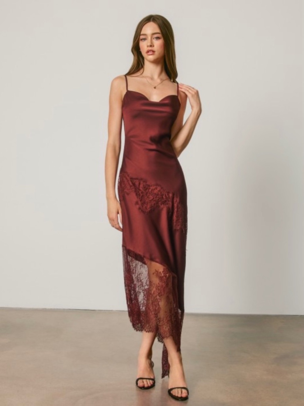 Dress Forum Asymmetrical Satin Slip Dress with Lace Trim in Wine NWT